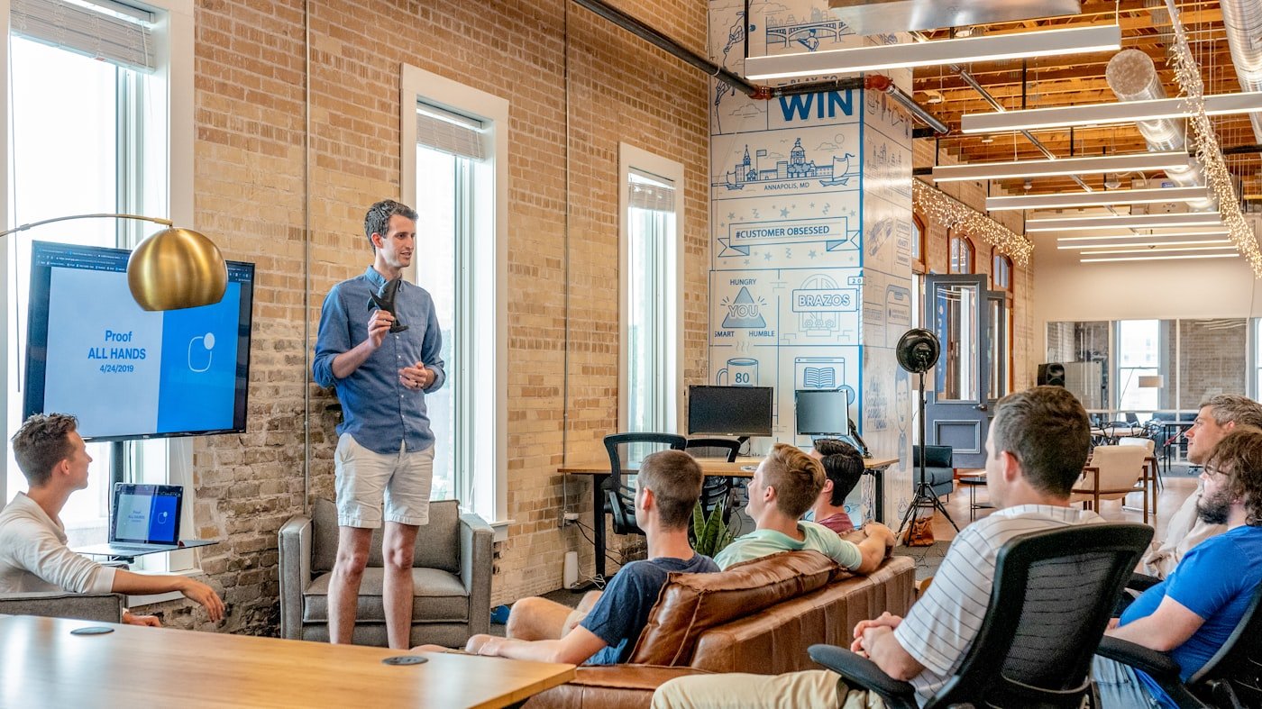 Marketing team collaborating in a modern office